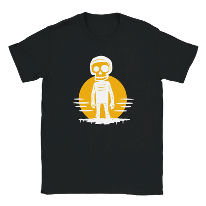 Musta crewneck T-paita valkoinen luuranko ja oranssi ympyrä Auringonlaskussa