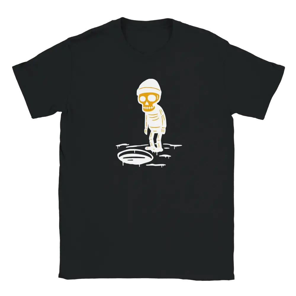 Mustavalkoinen Avantouimari T-paita, jossa luuranko beanie päässä katsoo manholea