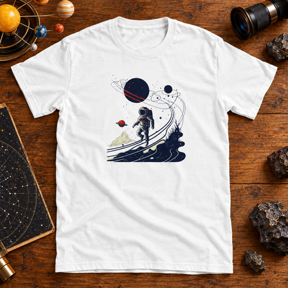 Themed flat-lay photograph of Avaruus - T-paita with accessories related to its printed design.