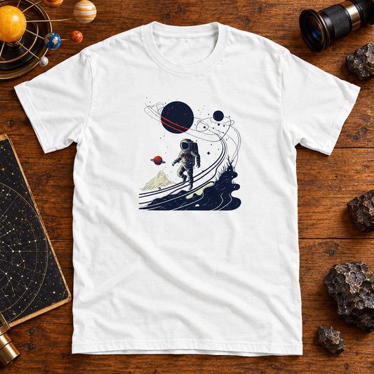 Themed flat-lay photograph of Avaruus - T-paita with accessories related to its printed design.