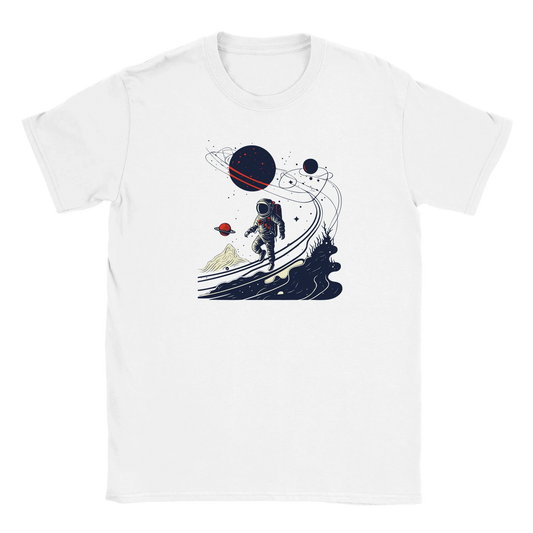 Valkoinen lyhythihainen T-paita cosmic surfing astronaut grafiikalla Avaruus T-paita