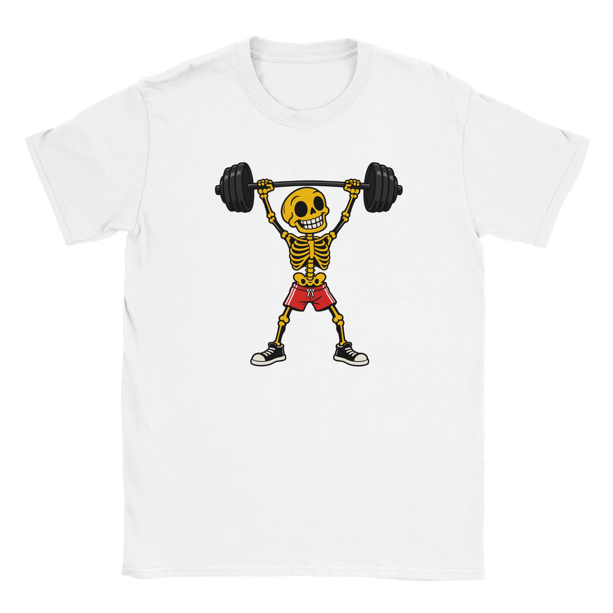 White T-shirt featuring a skeleton lifting a barbell in red shorts.