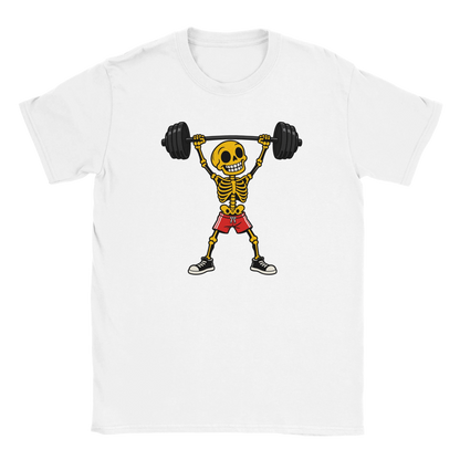 White T-shirt featuring a skeleton lifting a barbell in red shorts.