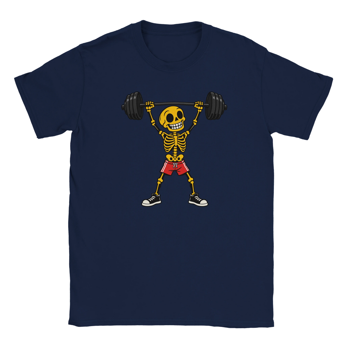 Navy T-shirt featuring a skeleton lifting a barbell in red shorts.