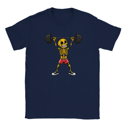 Navy T-shirt featuring a skeleton lifting a barbell in red shorts.