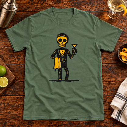 Themed flat-lay photograph of Baarimikko - T-paita with accessories related to its printed design.
