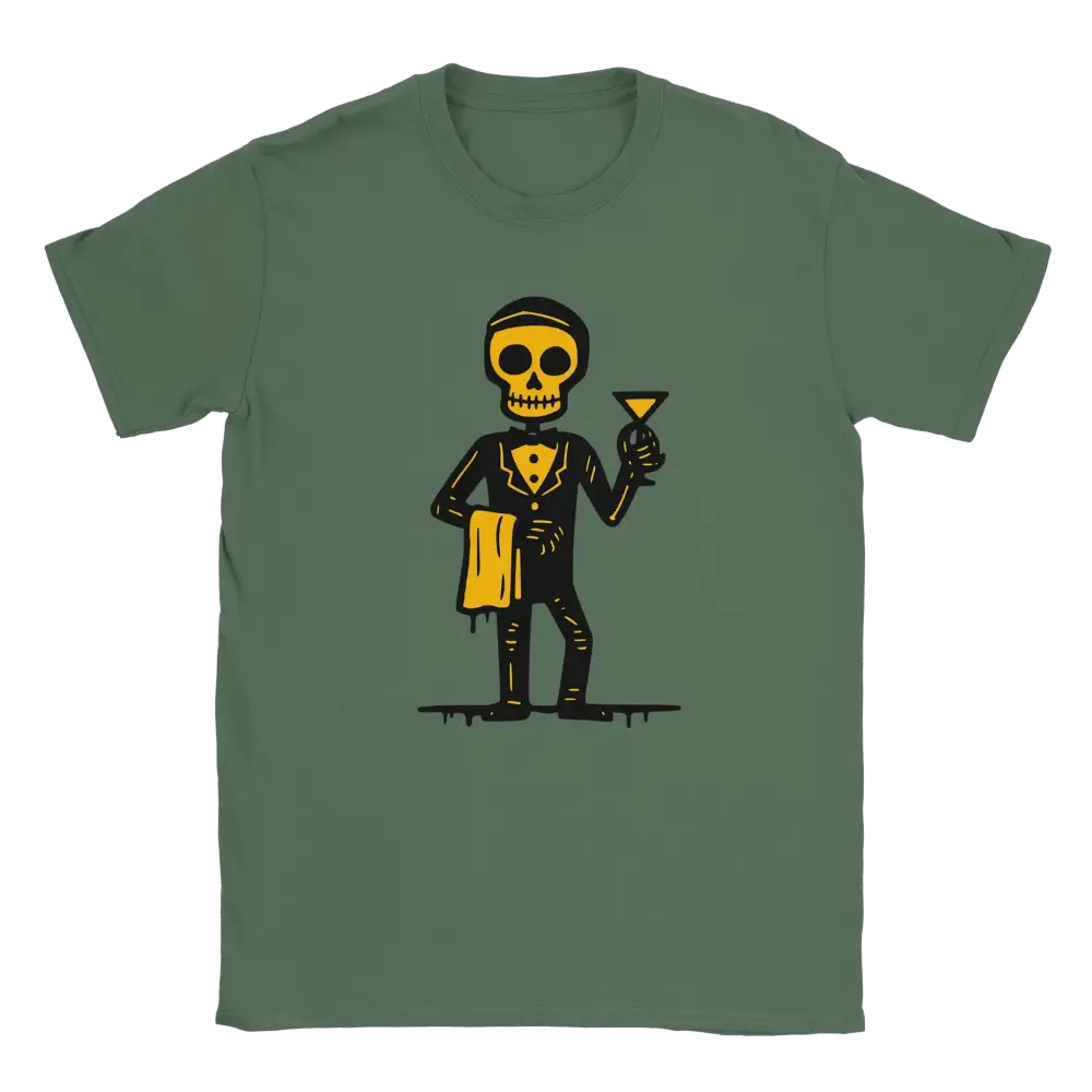 Green T-shirt featuring a skeleton bartender holding a cocktail and service towel.
