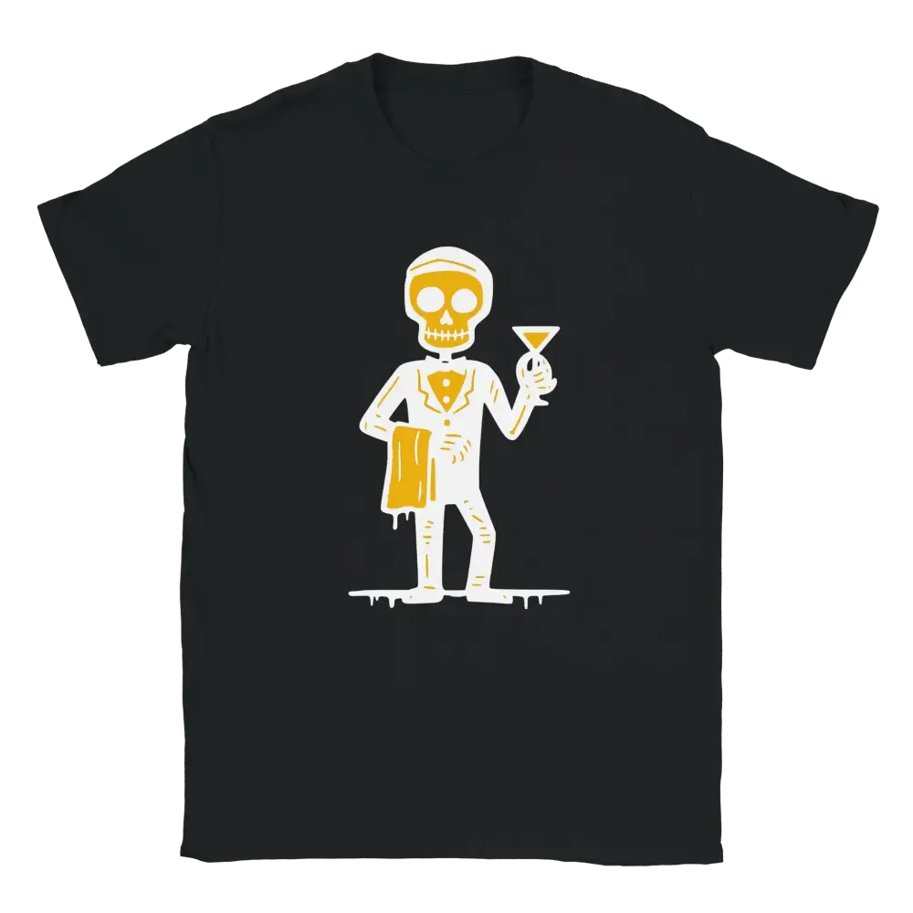 Musta T-paita Baarimikko Skeleton Waiter -designilla valkoinen ja kultainen väri