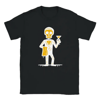 Musta T-paita Baarimikko Skeleton Waiter -designilla valkoinen ja kultainen väri