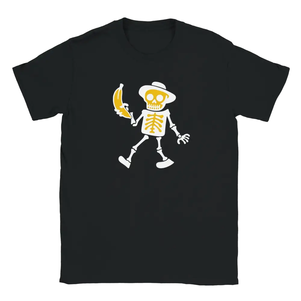 Musta T-paita Skeletonin ja banaanin grafiikalla Banaani T-paita tuotteessa