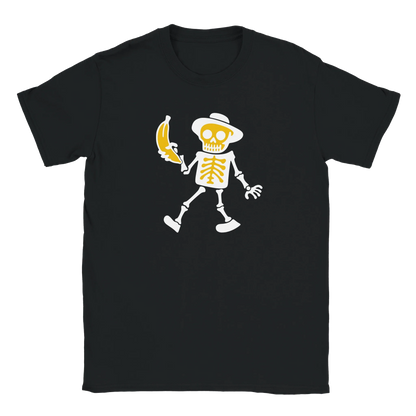 Musta T-paita Skeletonin ja banaanin grafiikalla Banaani T-paita tuotteessa