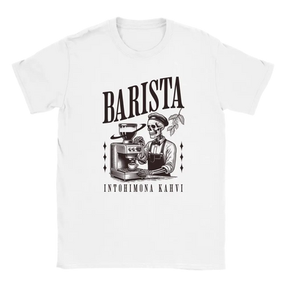 T-paita, jonka printissä luurankobarista kahvikoneen ääressä.