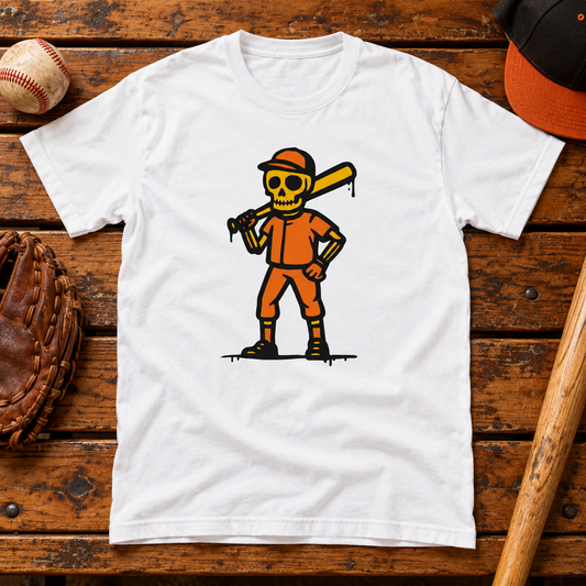 White skeleton baseball player T-shirt with a baseball and glove on a bench.