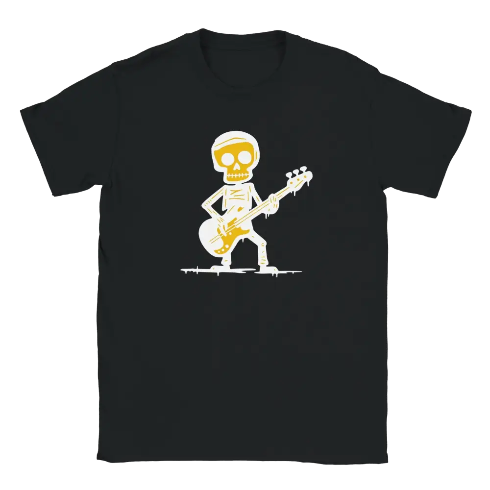 Musta T-paita Skeletonilla soittamassa bassoa designilla Basisti T-paita
