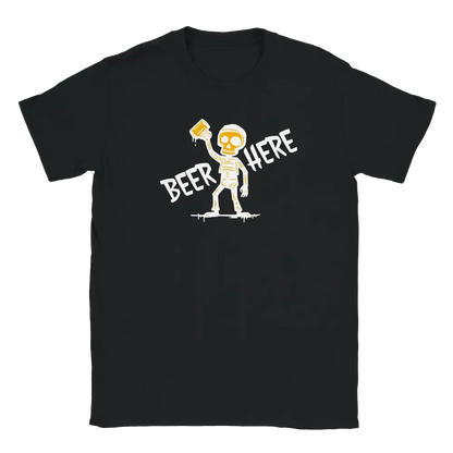 Black T-shirt featuring a skeleton raising a beer mug below the words Beer Here.