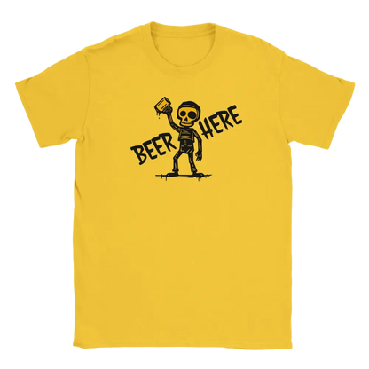 Yellow T-shirt featuring a skeleton raising a beer mug below the words Beer Here.