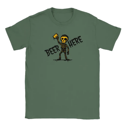 Green T-shirt featuring a skeleton raising a beer mug below the words Beer Here.