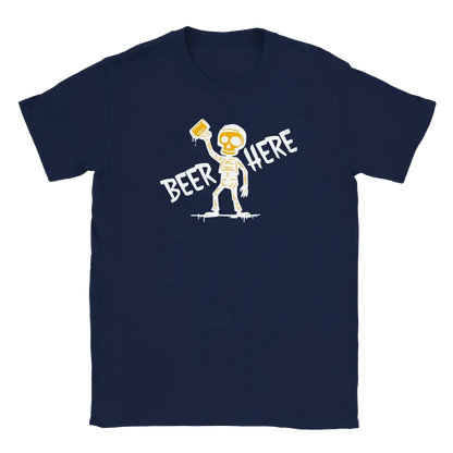 Navy blue T-shirt featuring a skeleton raising a beer mug below the words Beer Here.