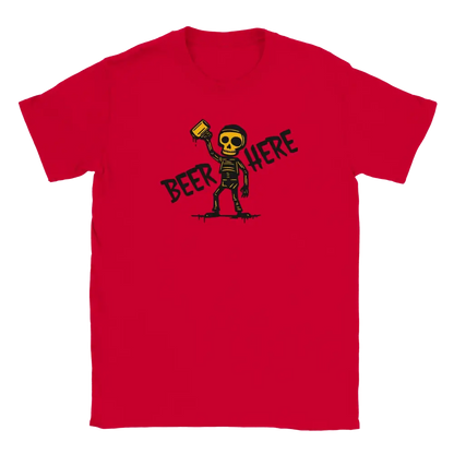 Red T-shirt featuring a skeleton raising a beer mug below the words Beer Here.