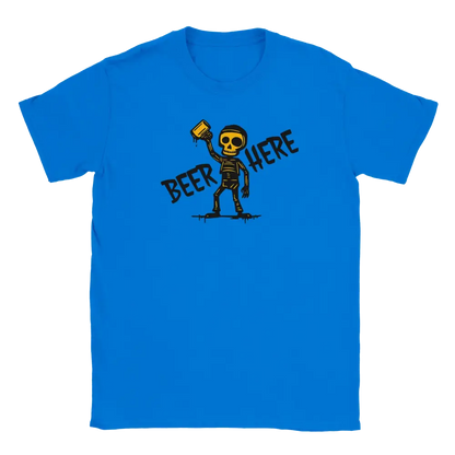 Blue T-shirt featuring a skeleton raising a beer mug below the words Beer Here.
