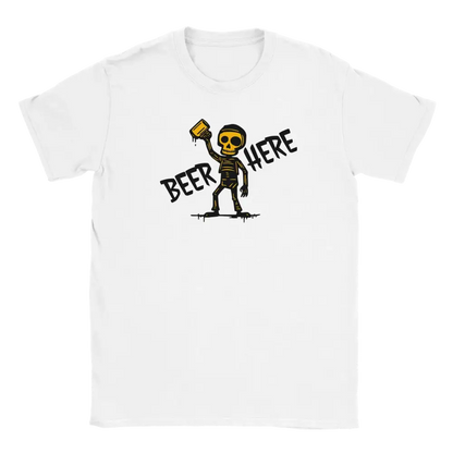 White T-shirt featuring a skeleton raising a beer mug below the words Beer Here.