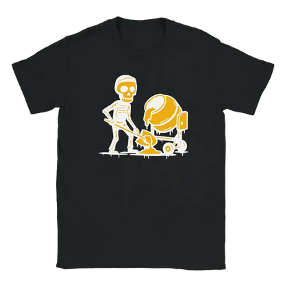 Black T-shirt featuring a skeleton shoveling beside a yellow cement mixer.
