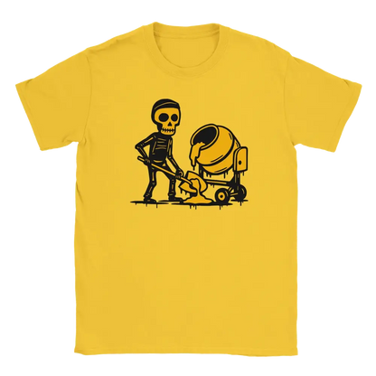 Yellow T-shirt featuring a skeleton shoveling beside a yellow cement mixer.