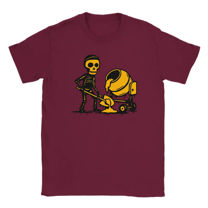 Maroon T-shirt featuring a skeleton shoveling beside a yellow cement mixer.