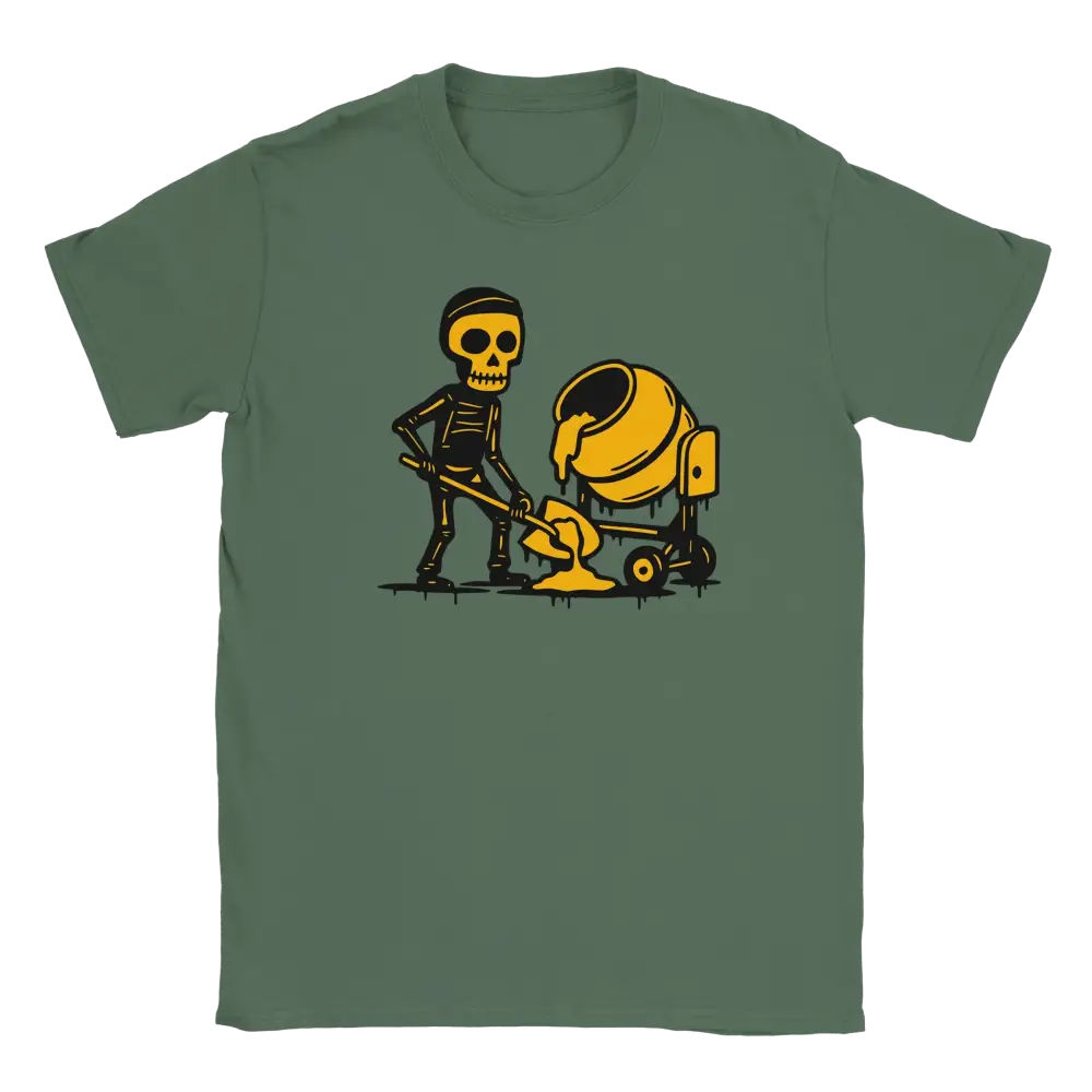 Green T-shirt featuring a skeleton shoveling beside a yellow cement mixer.