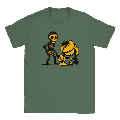 Green T-shirt featuring a skeleton shoveling beside a yellow cement mixer.