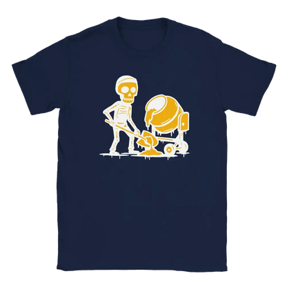 Navy blue T-shirt featuring a skeleton shoveling beside a yellow cement mixer.