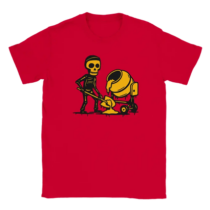 Red T-shirt featuring a skeleton shoveling beside a yellow cement mixer.
