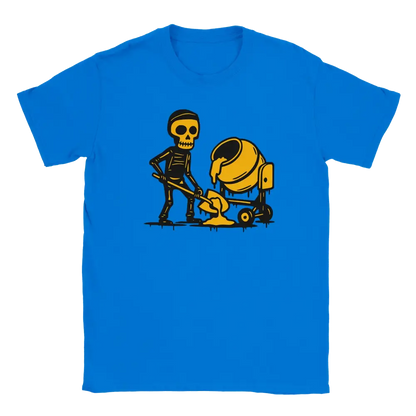 Blue T-shirt featuring a skeleton shoveling beside a yellow cement mixer.