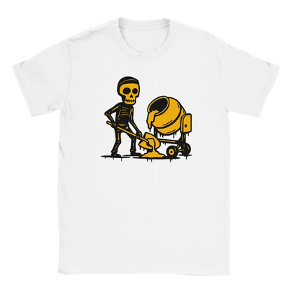 White T-shirt featuring a skeleton shoveling beside a yellow cement mixer.