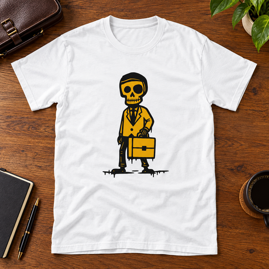 Themed flat-lay photograph of BisnesMies - T-paita with accessories related to its printed design.