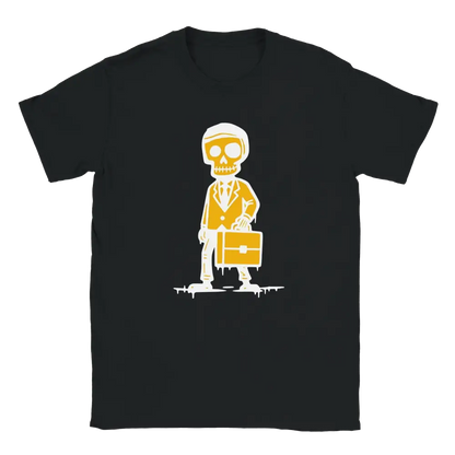 Black T-shirt featuring a skeleton in a suit carrying a briefcase.