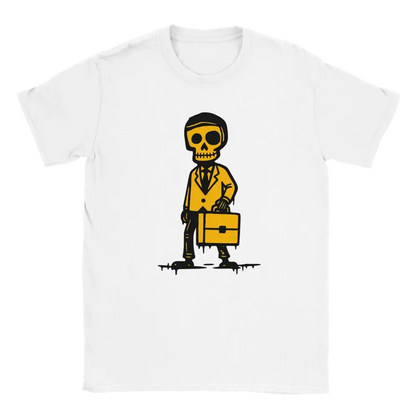 White T-shirt featuring a skeleton in a suit carrying a briefcase.
