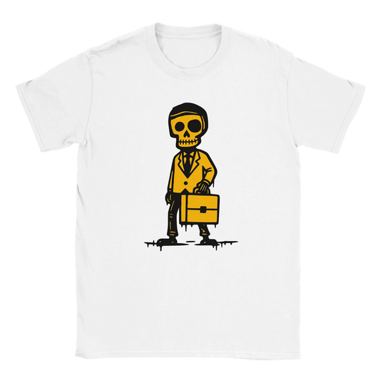 Valkoinen lyhythihainen crewneck T-paita BisnesMies Skeleton ja keltainen puku ja laukkukuva