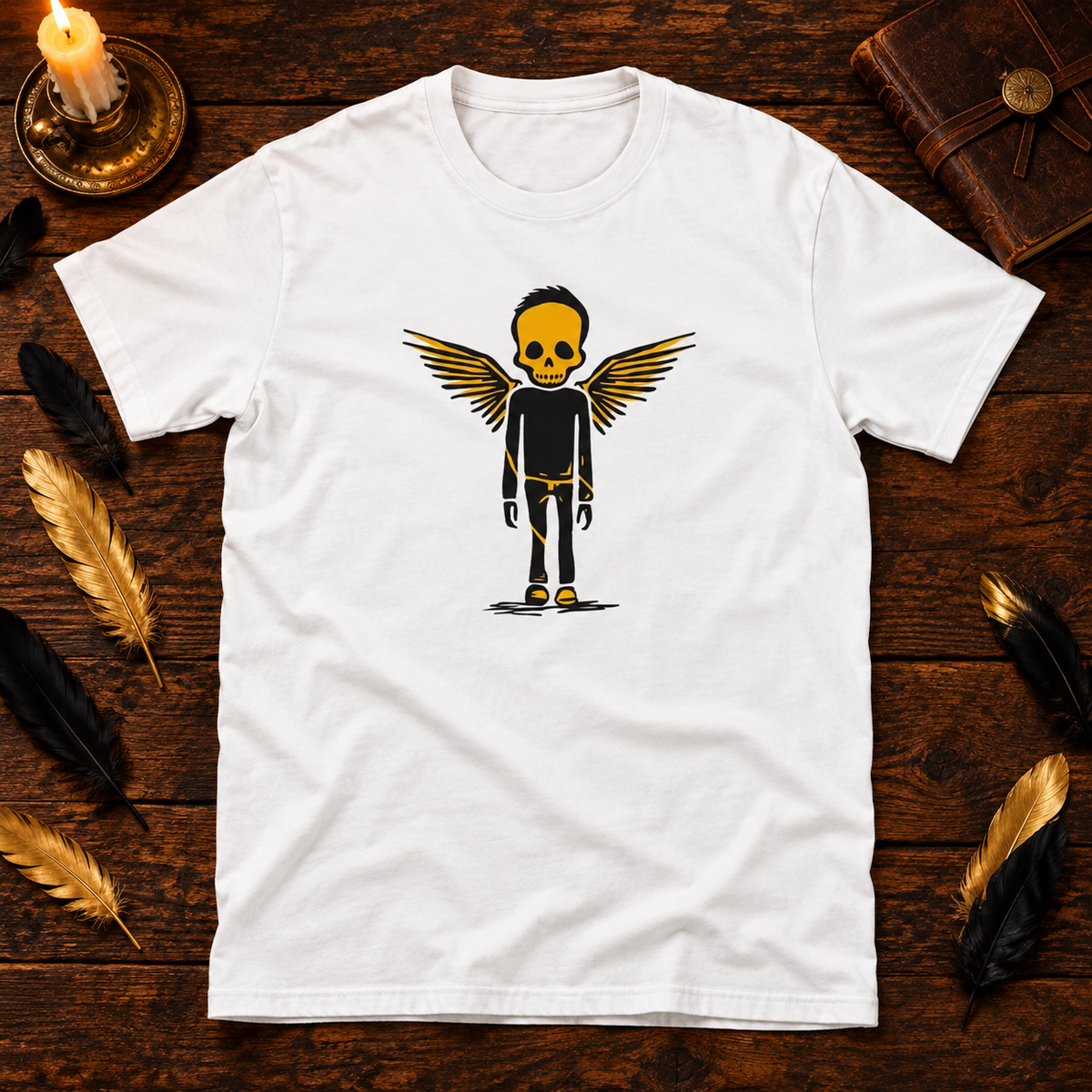 Themed flat-lay photograph of Bone Angel - T-paita with accessories related to its printed design.