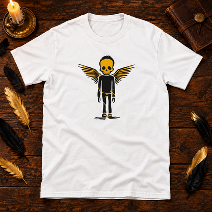 Themed flat-lay photograph of Bone Angel - T-paita with accessories related to its printed design.