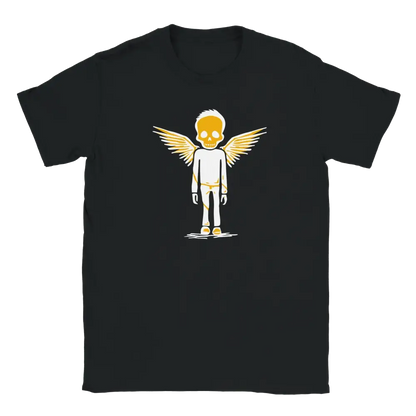 Black T-shirt featuring a winged skeleton character.