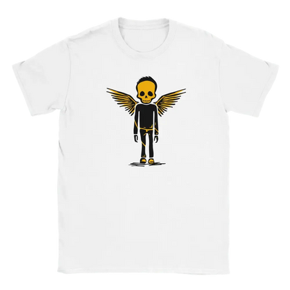 White T-shirt featuring a winged skeleton character.