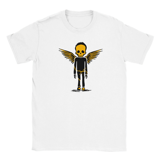 Valkoinen lyhythihainen T-paita Bone Angel, jossa luuranko ja siivet, unisex-malli