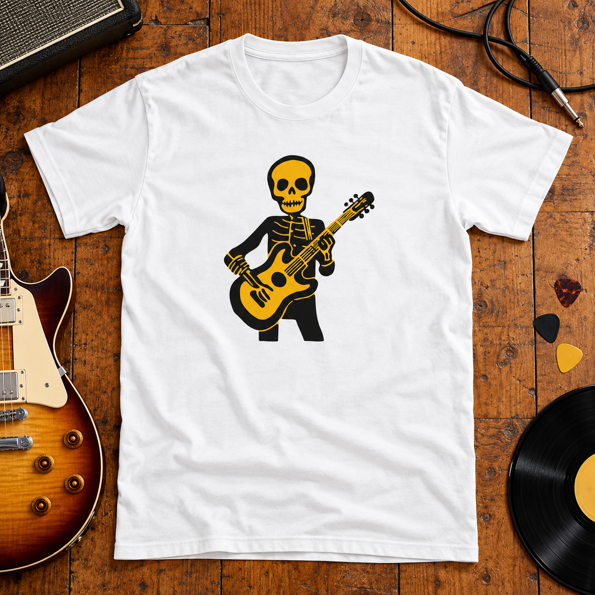 Themed flat-lay photograph of Bone Rocker - T-paita with accessories related to its printed design.
