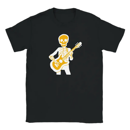 Black T-shirt featuring a skeleton playing a guitar.