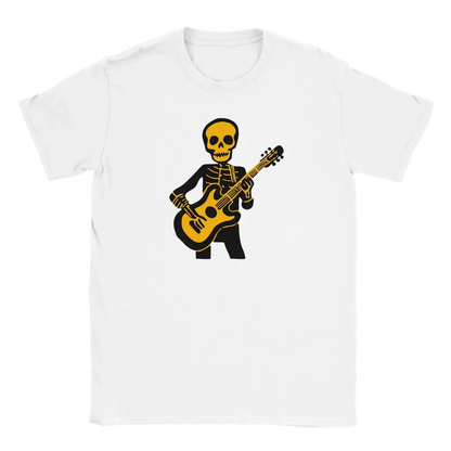 White T-shirt featuring a skeleton playing a guitar.