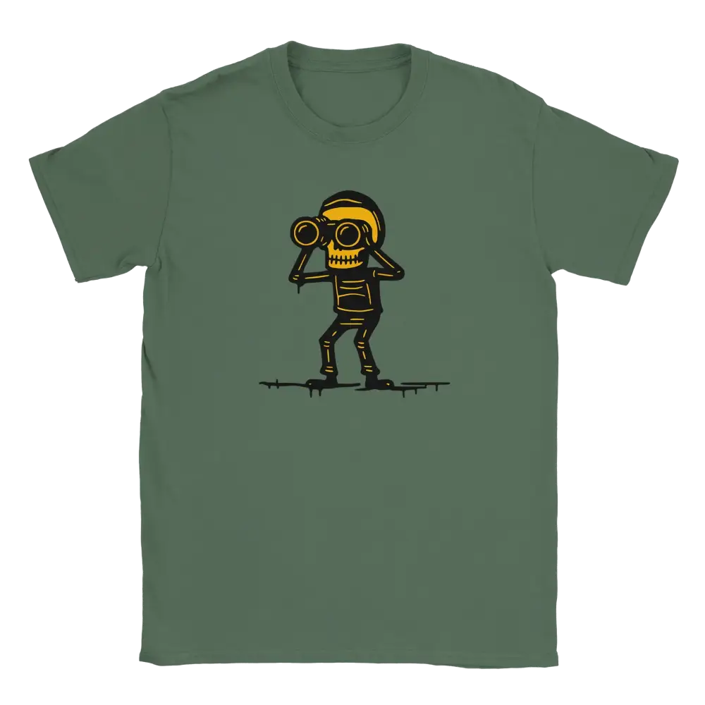 Green T-shirt featuring a skeleton looking through binoculars.