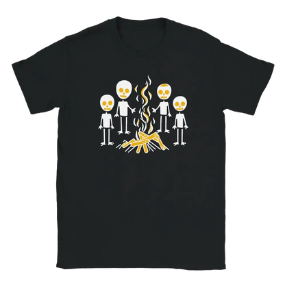 Black T-shirt featuring four skeleton characters around a campfire.