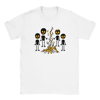 White T-shirt featuring four skeleton characters around a campfire.