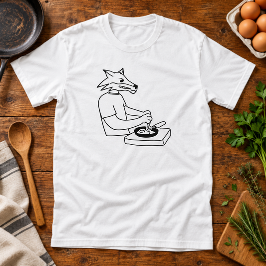 Themed flat-lay photograph of Chef Fox - T-paita with accessories related to its printed design.